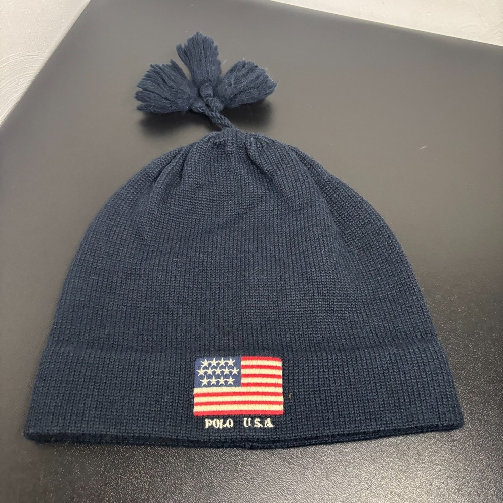 VINTAGE Polo Ralph Lauren‎ Polo USA Flag Beanie Hat Wool Knit Navy Blue